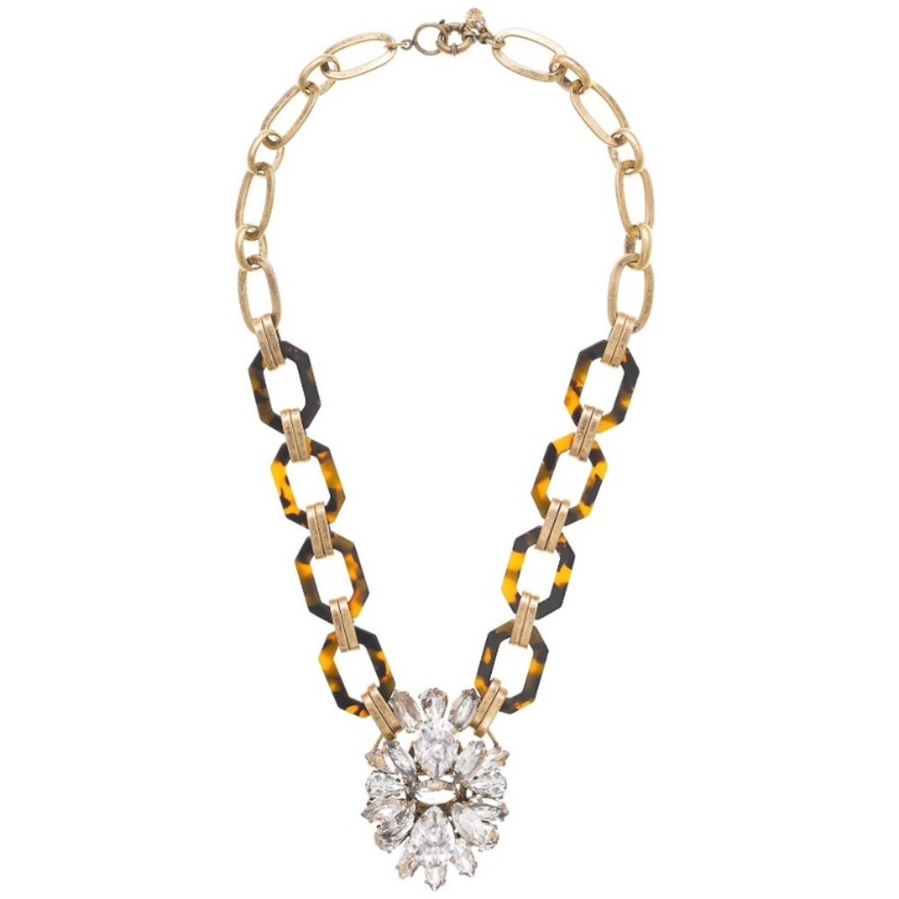 J. Crew tortoiseshell and crystal Pendant necklace, gold tone chain, STUNNING!